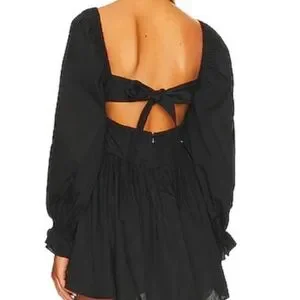 for Love & Lemons Ruth Pleated Long Sleeve Organic Cotton Minidress in Black at Nordstrom, Size X-Small